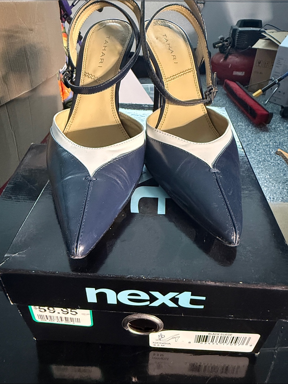Size 9.5 Tahari Navy and White Pointed Toe Ankle-Strap Pumps